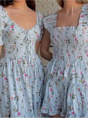 Hill House two piece mini  Dress ( right) in Pale Blue with Pink Floral Print